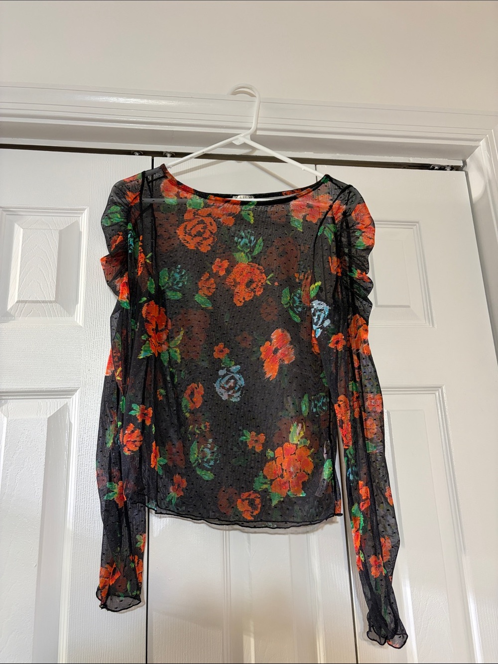 Free People Black Sheer Floral Long-Sleeve Top